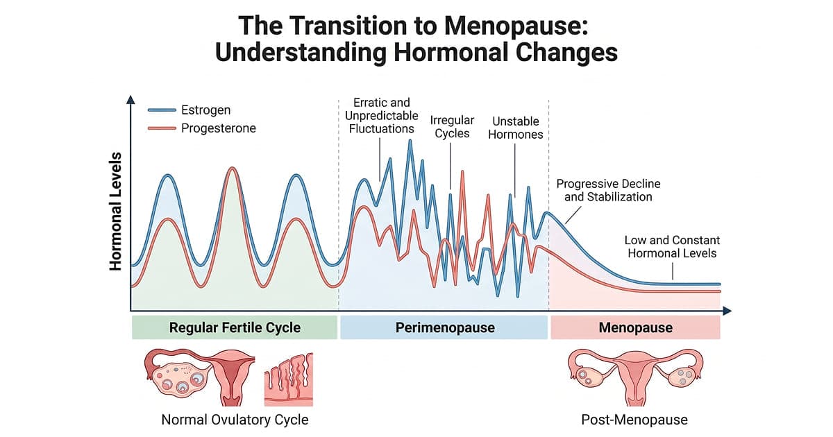 Chart showing how estrogen and progesterone levels change during the transition to menopause