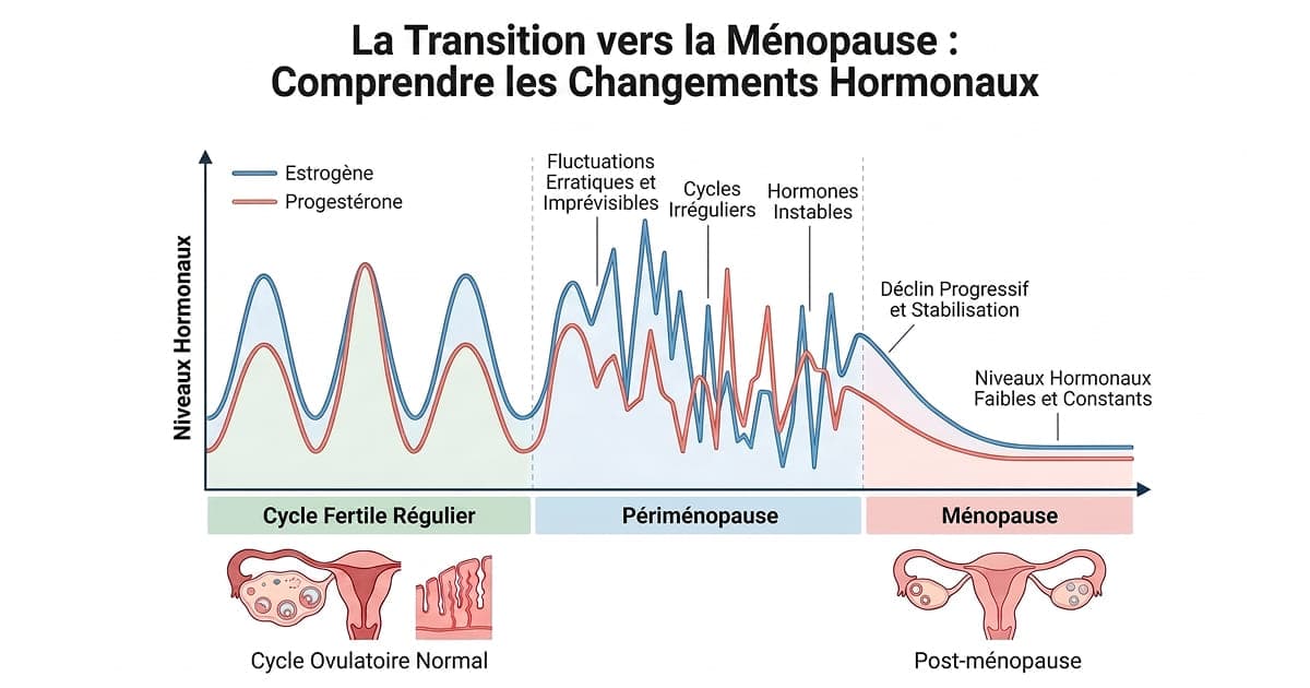 Graphique de l'évolution des hormones œstrogène et progestérone pendant la transition vers la ménopause