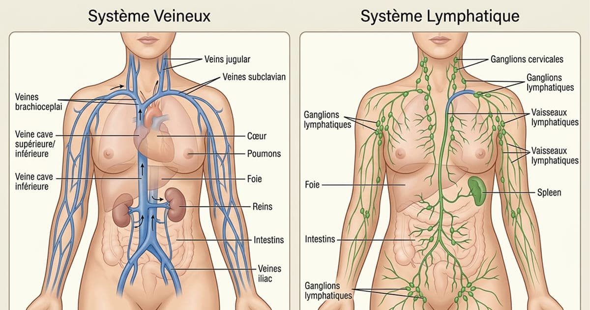 Schéma comparant le système veineux et le système lymphatique du corps humain