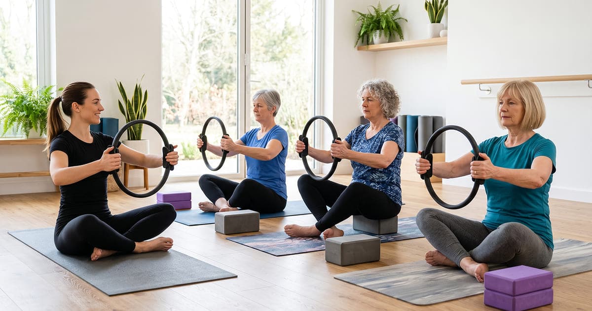 Small group Pilates class with a magic circle for women going through menopause